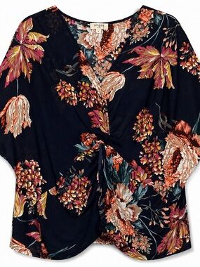 Umgee Blue Floral Knotted Front V Neck Short Sleeve Shirt Small